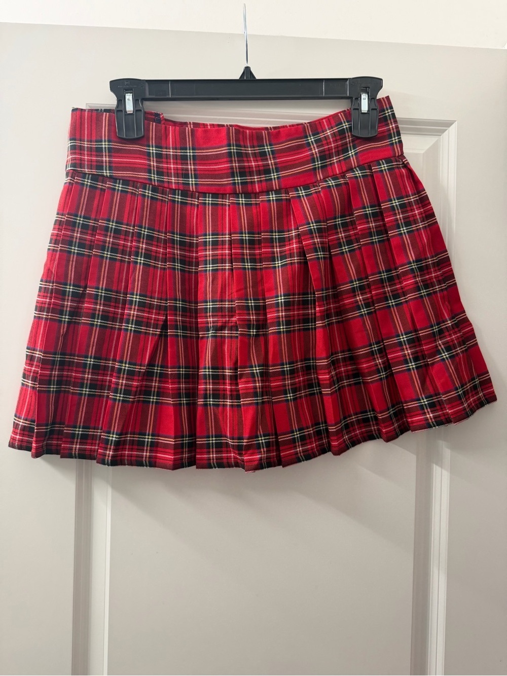 Red Plaid Pleated Mini Skirt - Classic Schoolgirl Style Velcro closure